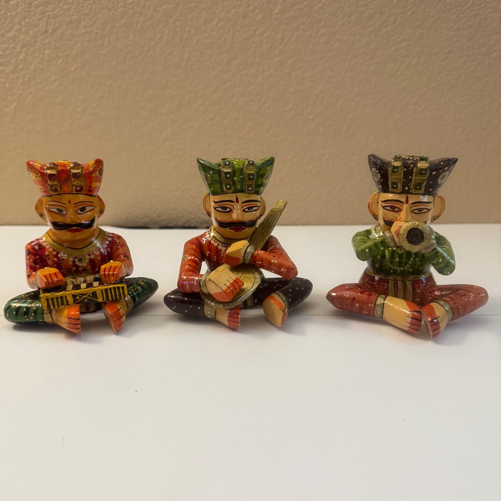 Lepakshi Hand Painted Wooden Indian Musician Figurines Set of 3 Folk Art 1990's
